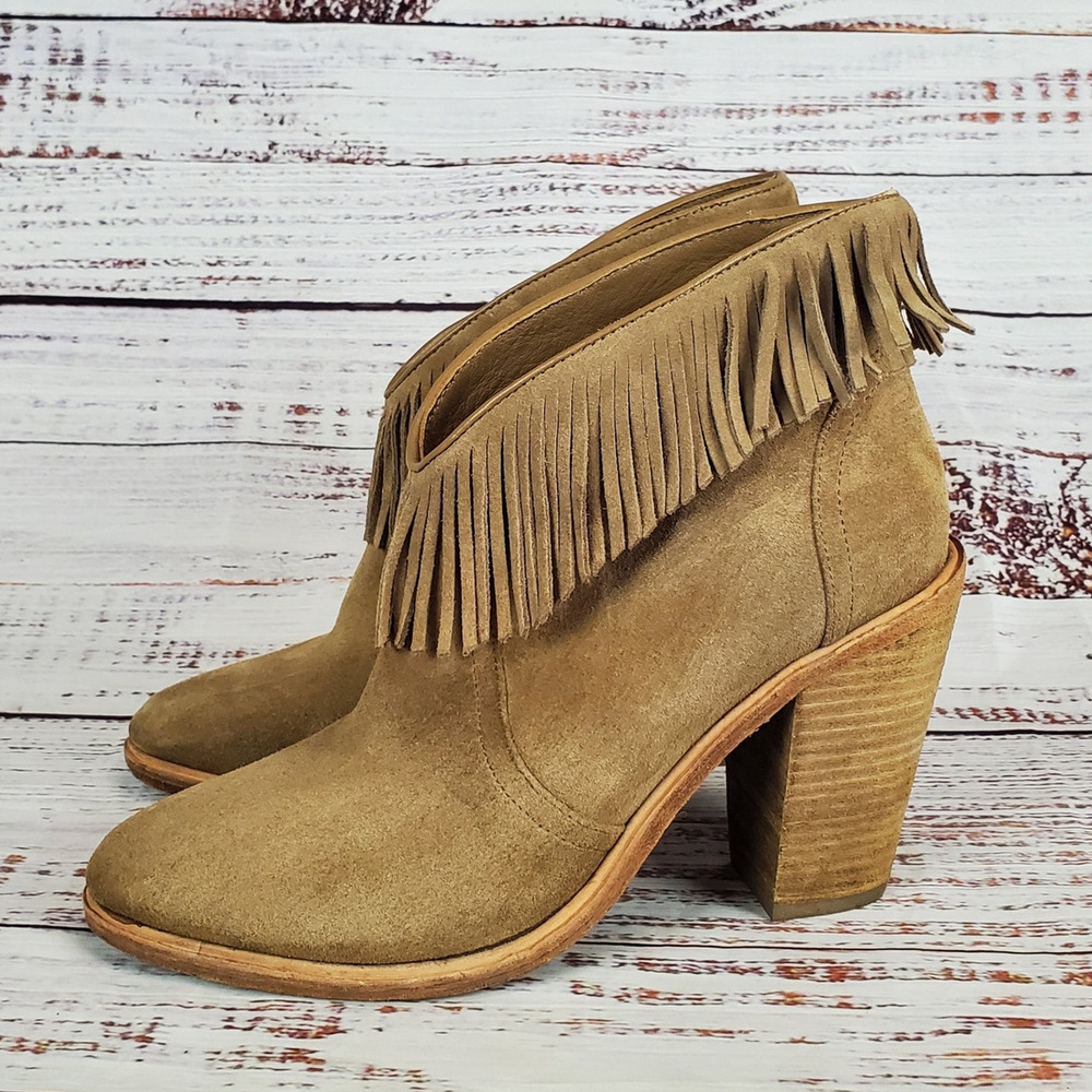 Joie Loren Fringe Booties 39.5 Boho Tan Suede Slip on Western Cowgirl Festival